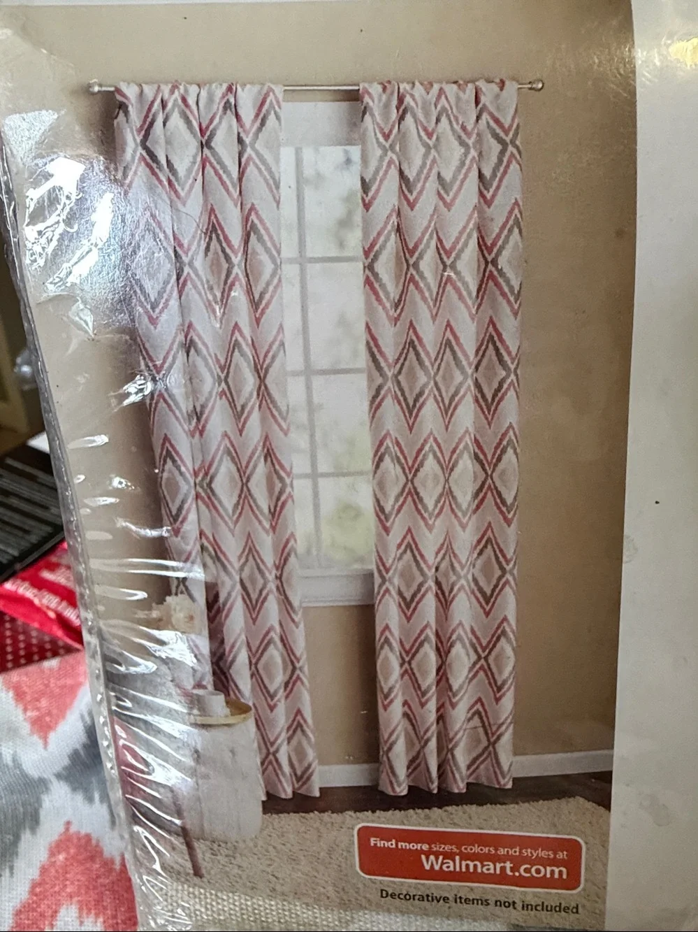 NWT Mainstays 84-Inch Coral Ikat Rod Pocket Panel - Coral, Gray, Beige on White
